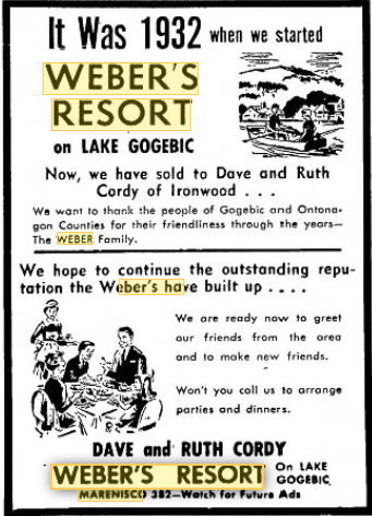 Weber Resort (Webers Resort, Gogebic Lodge) - 1962 Ad (newer photo)